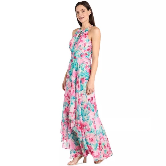 R & M Richards Women's Floral-Print Halter Gown Pink Green 14 New Cocktail Dress - Picture 2 of 7